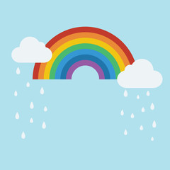  Rainy clouds and rainbow icon in flat style with shadow Vector Illustration.