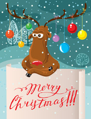 Cute Christmas card. Cartoon deer with paper banner