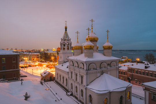Church in Russia in winter at night
