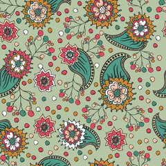 Seamless pattern with doodles elements for design. multicolored flowers, leaves