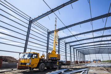 Construction site, steel frame structure is under construction