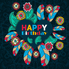 Vector heart frame, wreath made of flowers and feathers.  Spring elements. Floral doodles wreath. happy birthday card