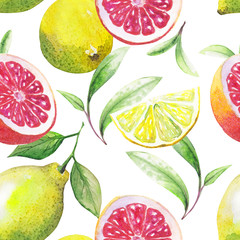 Nice handmade pattern of tea leafs and citrus fruits: lemon, grapefruit, orange, lime. Watercolor.  - 120318719