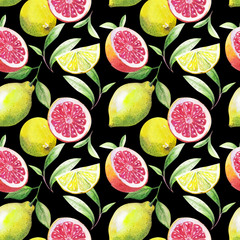 Nice handmade pattern of tea leafs and citrus fruits: lemon, grapefruit, orange, lime. Watercolor.  - 120318750