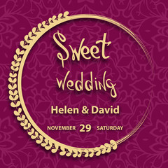 Sweet wedding  card. on decorated mandala and wreath  background.  template , gift certificate, party invitation, congratulation. save the date