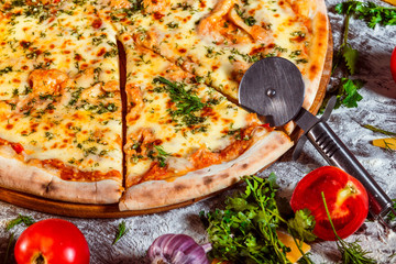 Tasty italian vegaterian pizza with fresh golden cheese