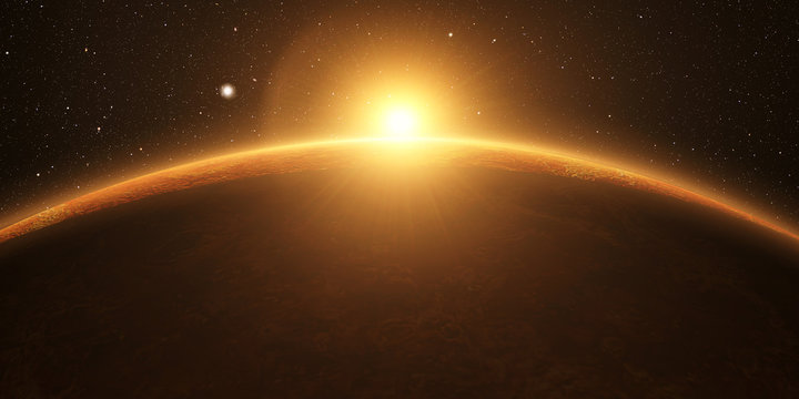 Venus. Cinematic and very realistic sunrise seen from space on venus, 3d rendering.