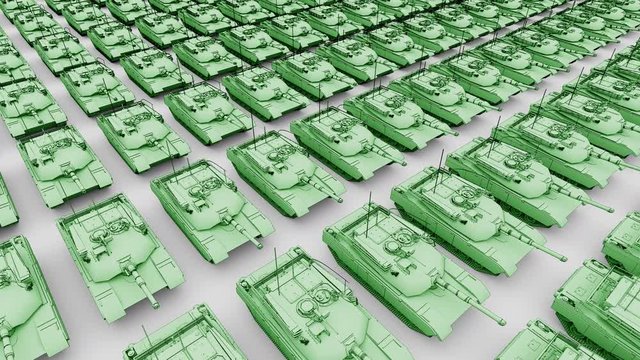 Many green American army tanks, aerial view cartoon animation. Seamless loopable 4K clip