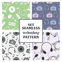 Set of seamless technology vector patterns, with colorful icons of PC, monitor, headphones, disc, router, battery, USB flash drive, web camera, microphone. Series of sets of vector seamless patterns.
