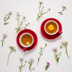 Flowers, a mug with herbal tea on a white background. Place for your text.