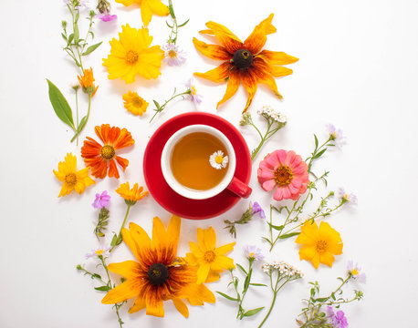 Flowers, a mug with herbal tea on a white background. Place for your text.