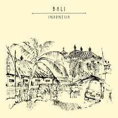 Car parked in a backyard in a Balinese village near Jimbaran beach, Bali, Indonesia, Asia. Hand drawing. Travel sketch. Book illustration, postcard or poster