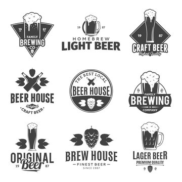 Vector black and white beer logo, icons and design elements