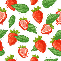 Seamless pattern with decoration of fresh berry, strawberry slices and mint. The background to the Ingredients for summer juice, smoothie. Vegetarian wallpaper. Vector.