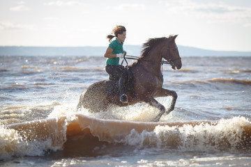 Pretty girl riding horse in river water