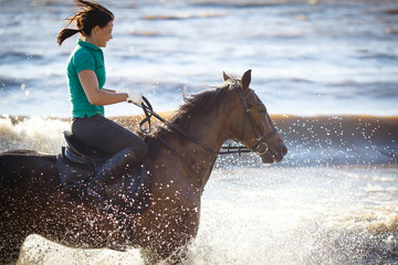 Pretty girl riding horse in river water