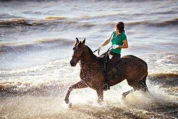 Pretty girl riding horse in river water