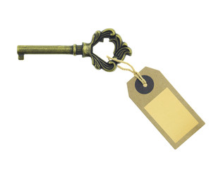 Old key with a tag isolated on white background