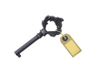 Old key with a tag isolated on white background