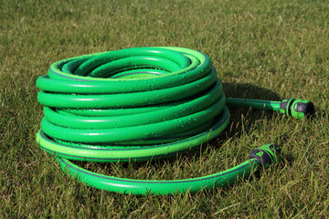 Garden hose bundle on the mown lawn in the summer garden