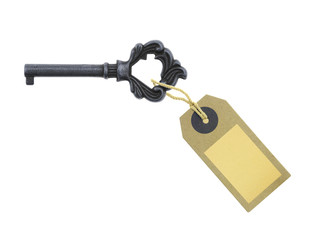 Old key with a tag isolated on white background