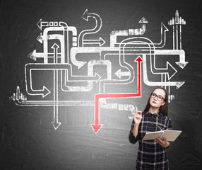 Nerd girl in dress with tangled arrows