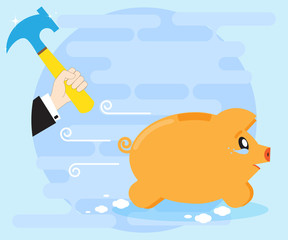 Weeping piggy pig bank escapes from the hands of a businessman with a hammer. Risky investments. Losing money, savings. Financial crisis. Flat style