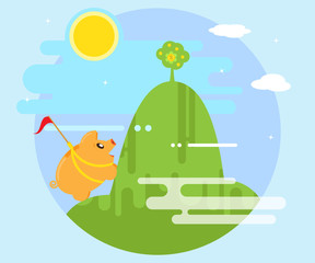 Happy pig piggy bank overcomes difficulties in order to conquer the mountain on which grows a money tree. The work for profit and wealth. Flat style