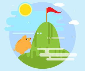 Happy pig piggy bank overcomes difficulties in order to conquer the mountain. Achieving the goal. Success and recognition. The work for profit and wealth. Flat style