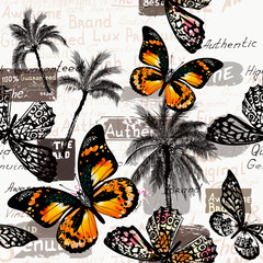 Vector pattern with butterflies and palm trees for design