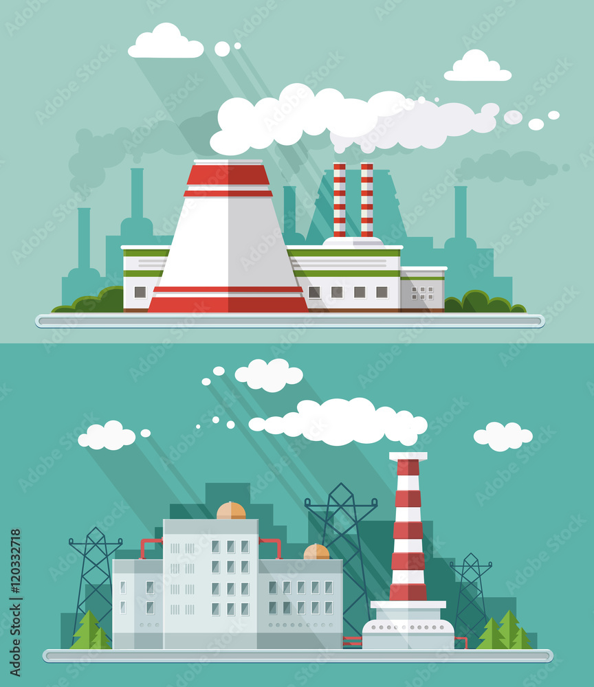 Wall mural industrial landscape set. the nuclear power plant and factory on