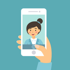 Vector illustration of a woman take a selfie picture of her self with smart phone in blue background.