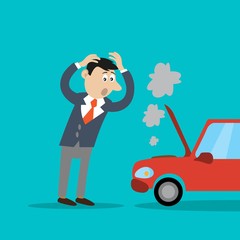 the problem of the businessman, the car broke down. vector illustration of cartoon