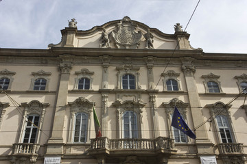 Facade of Palazzo Arese Litta in the center of Milan, Italy
