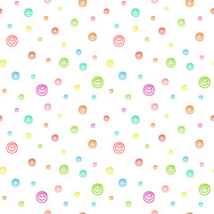 Cute funny seamless background pattern with many repeating multicolored different sized bubbles, isolated on the white fond. Vector illustration