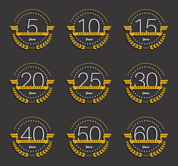 Fototapeta premium Vector set of anniversary signs, symbols. 5, 10, 15, 20, 25, 30, 40, 50, 60 years jubilee design elements collection.