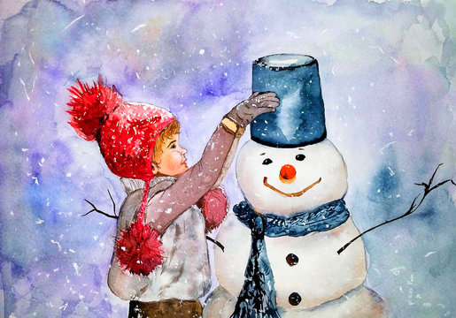 the girl sculpts a snowman in the street - watercolor