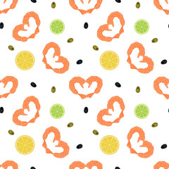 Cute funny seamless background with repeating pattern of shrimp heart, lemon, lime and olives isolated on the white fond. Vector illustration 