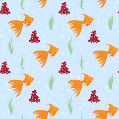 Fototapeta na wymiar Cute funny decorative seamless background pattern with repeating elements such as goldfish, alga, coral and bubbles in blue water. Vector illustration