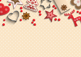 Christmas background, small scandinavian styled decorations lying on polka dot patterned backdrop, illustration