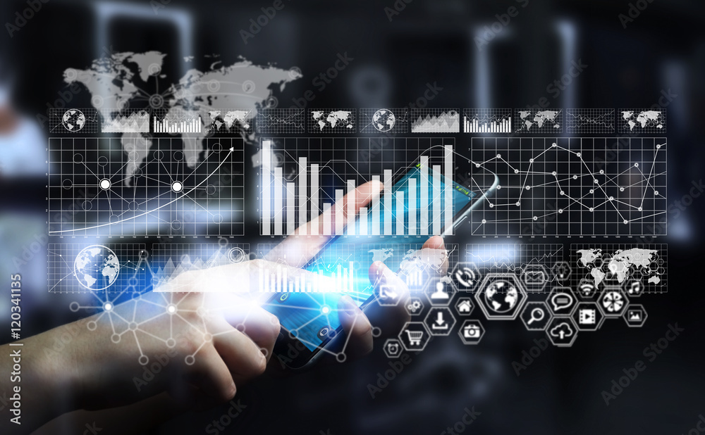 Poster Businessman using digital graph interface 3D rendering