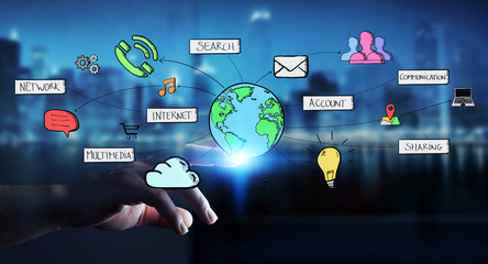 Businessman touching multimedia network 3D rendering