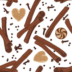 Spices for winter hot drinks on white background