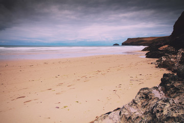 Early morning view of the beach at Polzeath Vintage Retro Filter