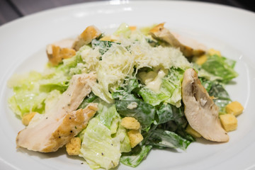 Caesar Salad with grilled chicken on white plate.
