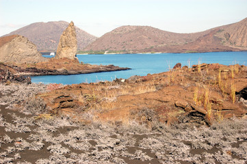 Volcanic landscape with Pinnacle rock in the distance,Sullivan Bay, Galapagos