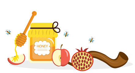 Greeting card for the Jewish New Year Rosh Hashanah, Shana Tova. Rosh Hashanah greeting card. Honey and apples, pomegranates, shofar. Vector illustration