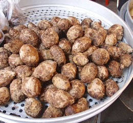Fresh taro for sale closeup in market 