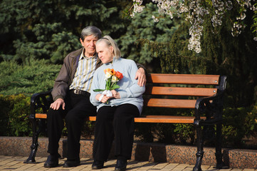 beautiful happy old people sitting in the spring park