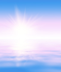 Fototapeta premium Abstract serene background with sky and ocean water surface whith sun rising. There are tender blue and pink gradient and reflections on the water and empty copyspace to insert a text or an image.